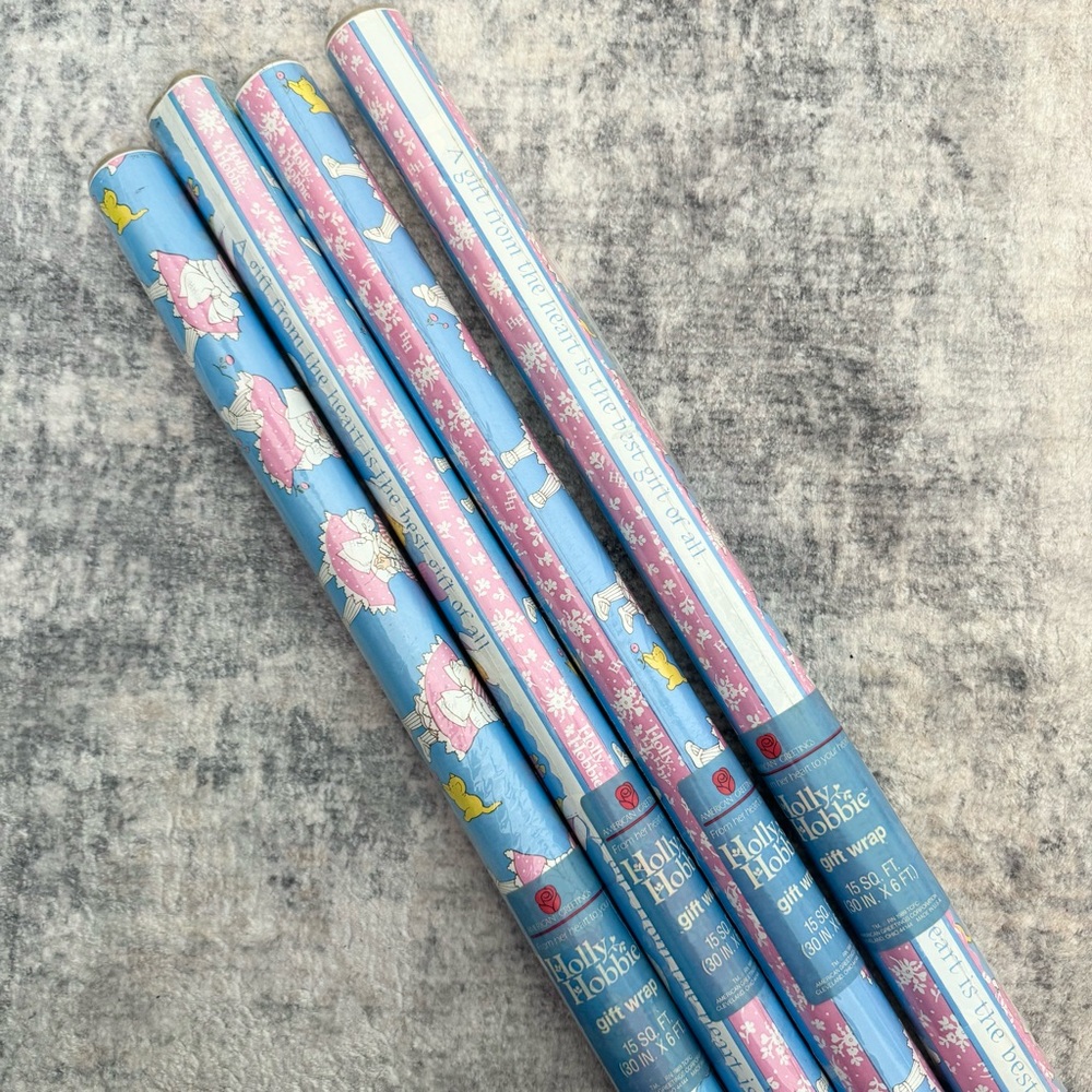 NIP Vintage HOLLY HOBBIE 4 rolls of Gift Wrap - Blue and Pink
